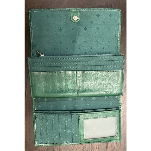Vintage Fossil Marlow Trifold Checkbook Wallet Leather Kelly Green Keyper Cards - Picture 7 of 16
